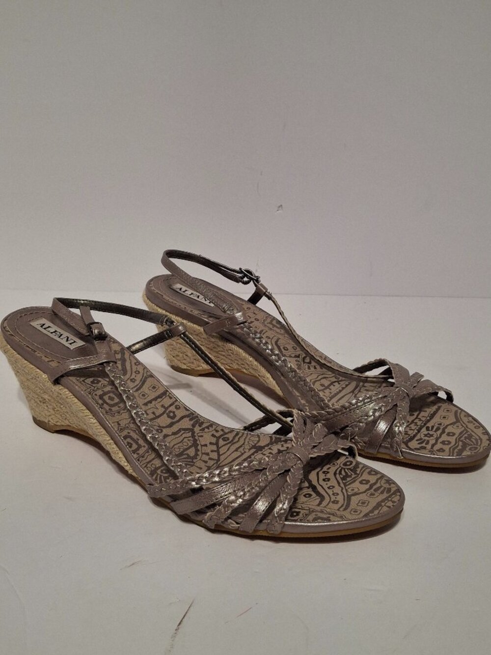 Alfani Metallic Taupe Braided Leather Espadrille Wedge Sandals Ankle Strap